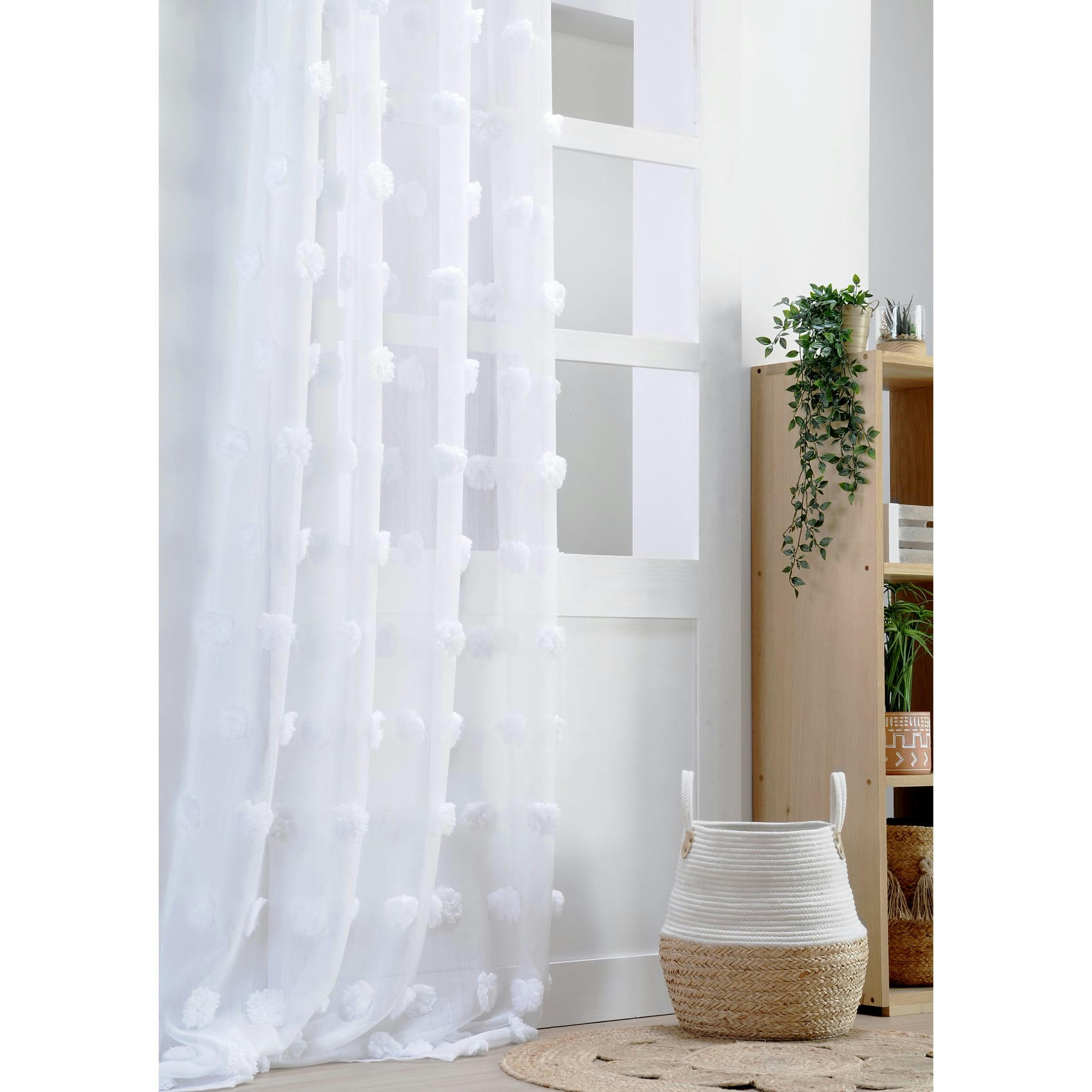 - Voilage fantaisie à pompons polyester blanc 140x260 cm
