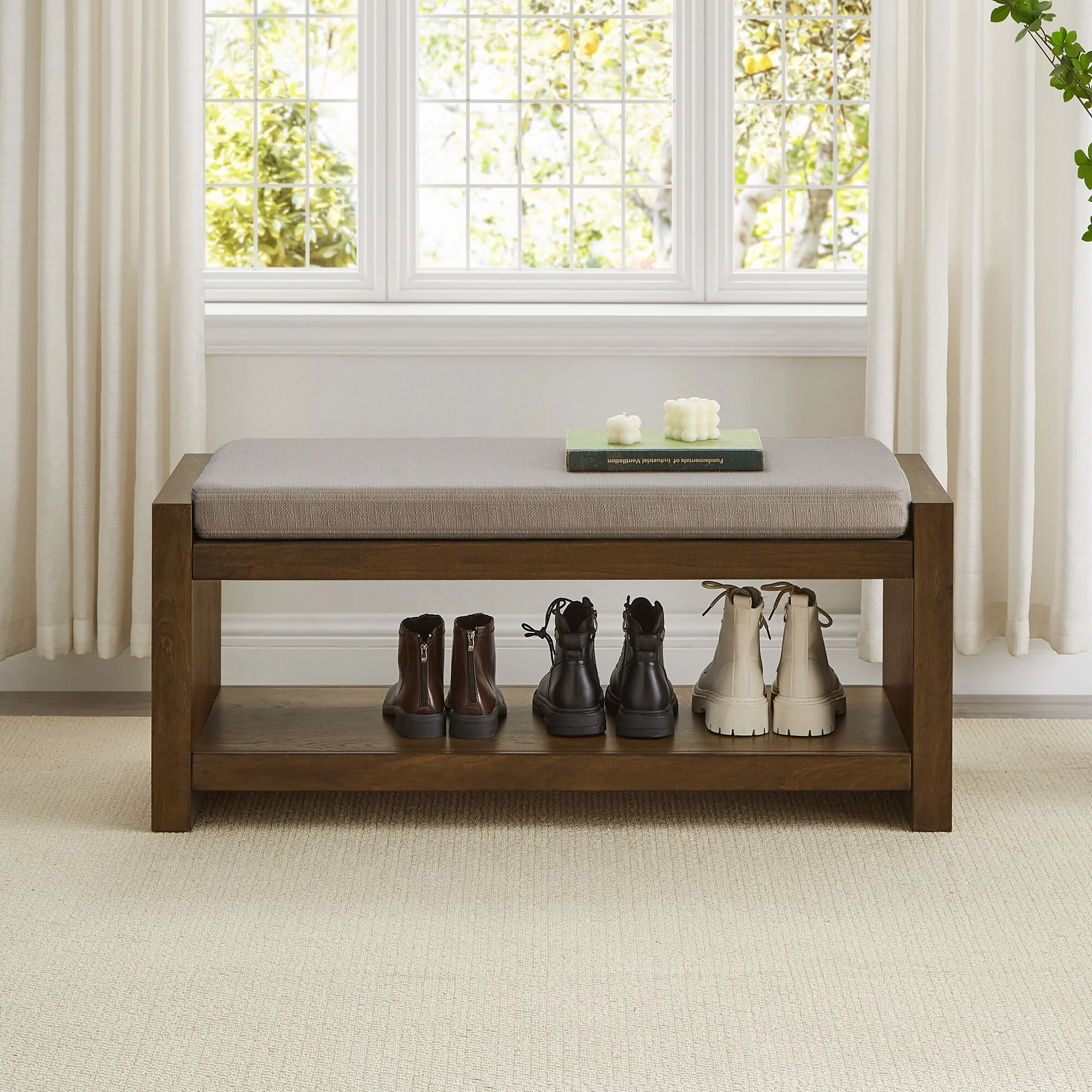 40Accent Bench with Lower Shelf Shoe Rack, Padded Seating Bench, Modern Compact Bed End Bench with Storage, Removable Cushion