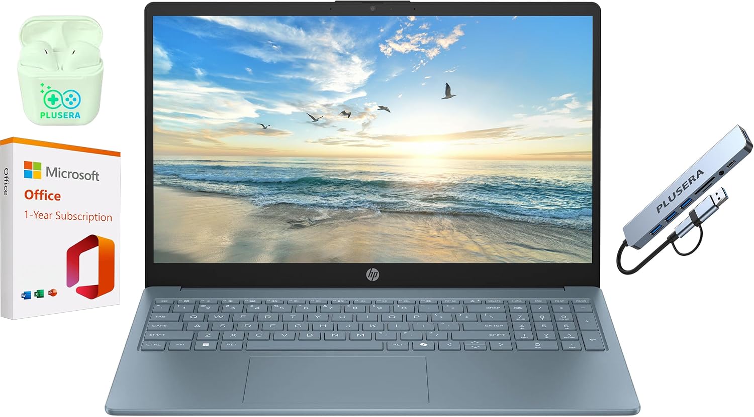 HP 15.6 Business Laptop with Microsoft Office 365  16GB RAM 128GB UFS  Quad-Cores Intel Processor  Windows 11  PLUSERA Earphones & 8-in-1 Hub Included  Moonlight Blue