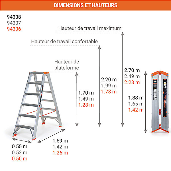 Escabeau double accès 2x7 marches - Hauteur max. de travail 2,99m - 94307