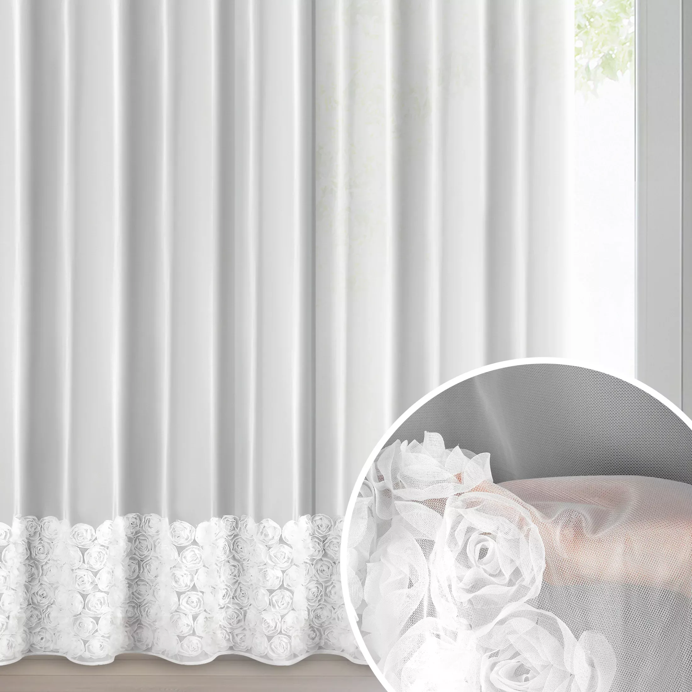 Firana biała z siateczki zdobiona aplikacją 3D w róże 350x250 cm przelotka - ROSES3 - Eva Minge