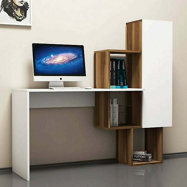 Bureau Baselice, Pupitre polyvalent, Table de bureau pour PC, Plan de travail, 145x45h75 cm, Noyer et Blanc