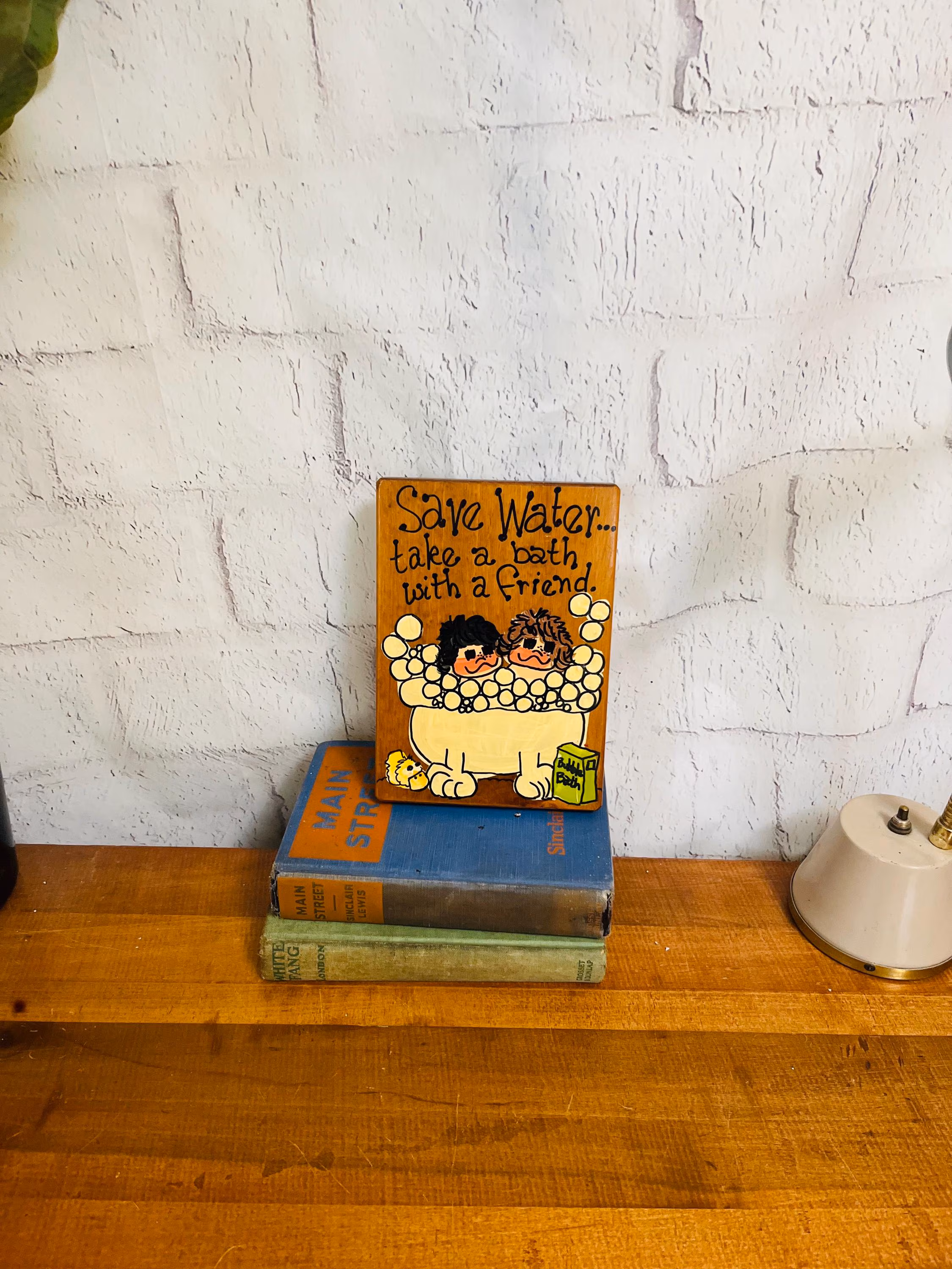 Vintage kitschy bathroom sign, bathtub wood wall plaque