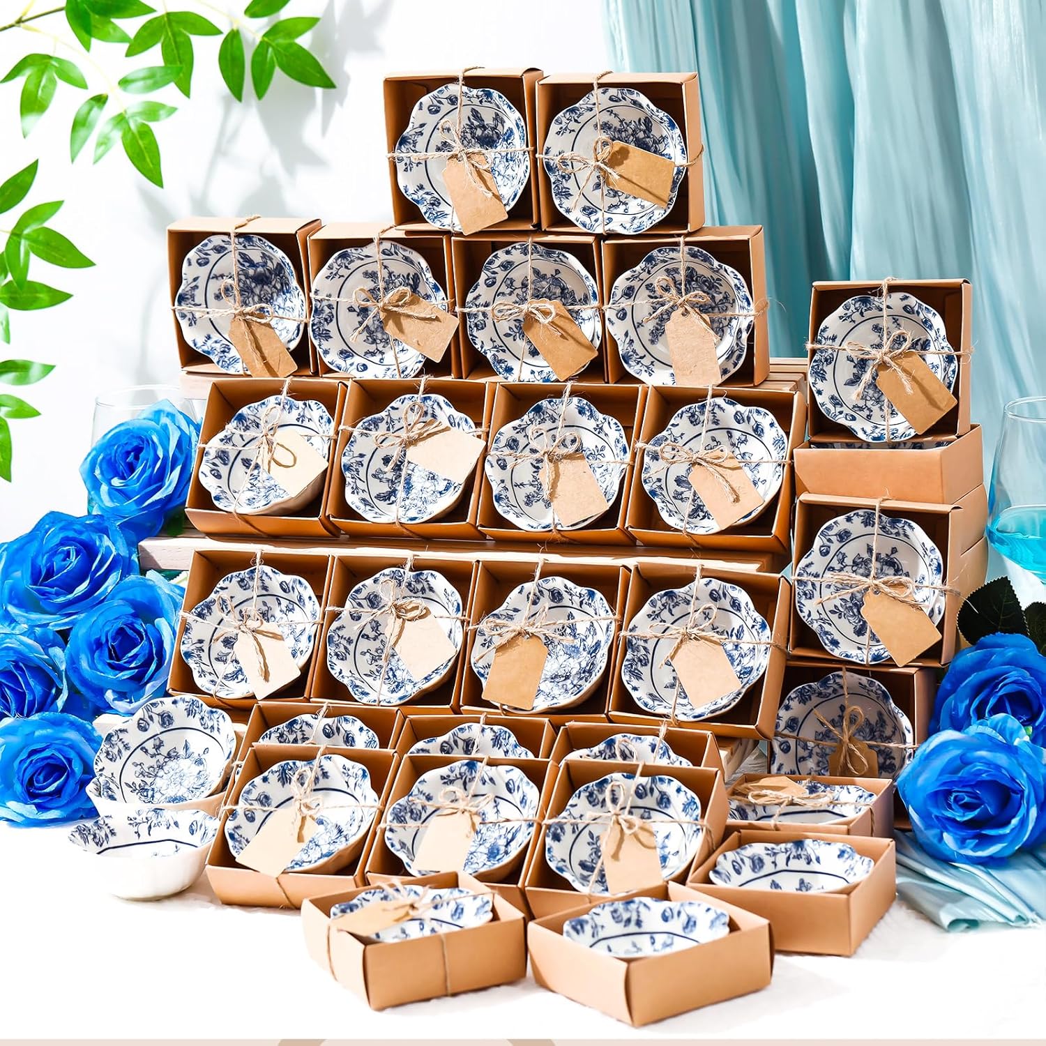 SiliFine 48 Pcs Wedding Favors for Guests Small Ceramic Bowl Bulk Gifts Set 3.3 Inch Floral Design Mini Dipping Sauce Dish with Card Box for Bridal Pooja Baby Shower Birthday (Flower,Blue)