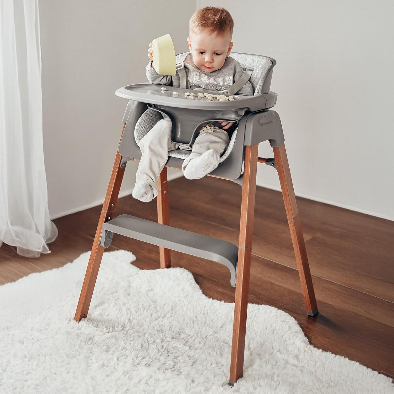Fodoss Baby High Chair, Light Gray, 4-in-1 Foldable Design, Sturdy Metal Square Tube with Wood Grain, Removable Dishwasher Safe Tray, 5-Point Harness, Waterproof Cushion