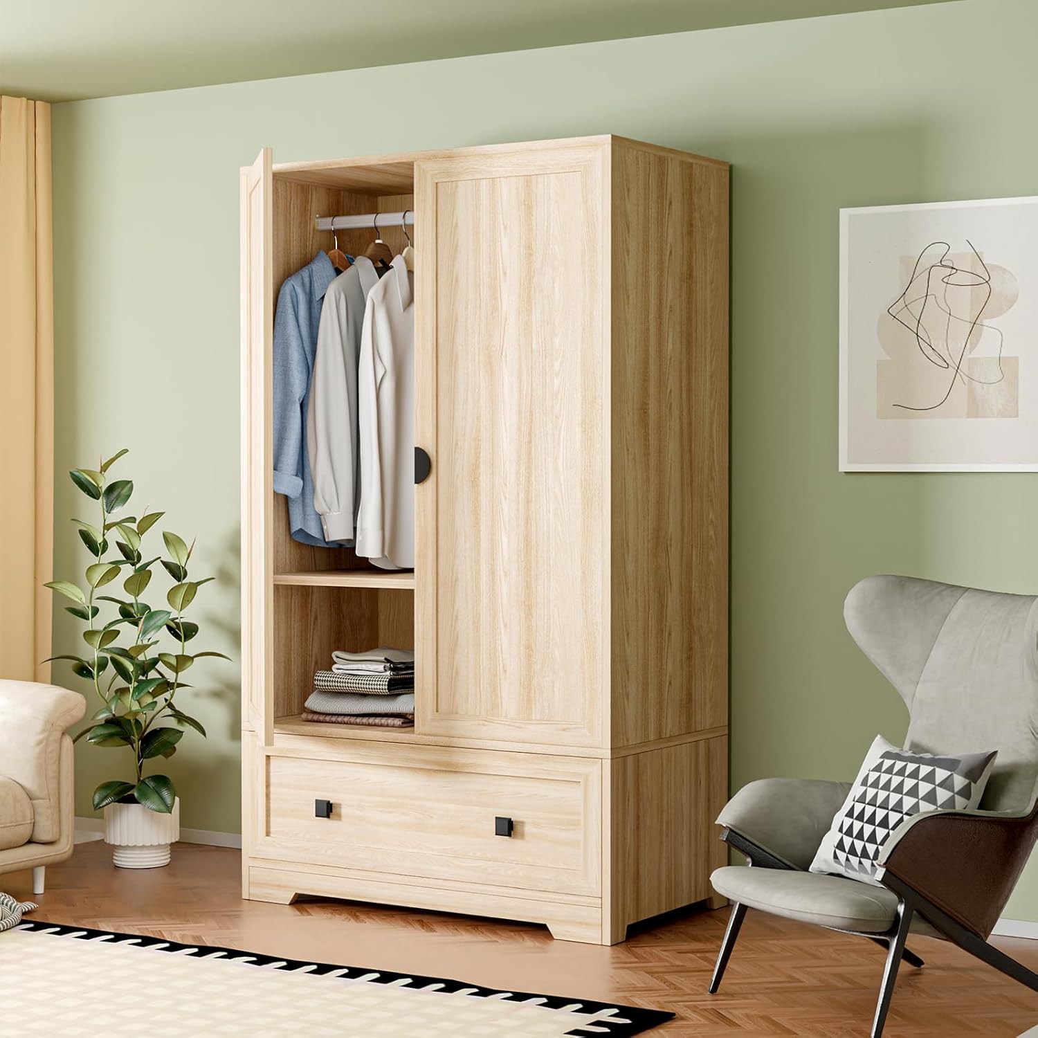 VINGLI Armoire Wardrobe Closet With Doors, Hanging Rod, Shelves and Drawer - Freestanding Cabinet for Bedroom, Dorm - Oak, 38 W x 21 D x 65 H