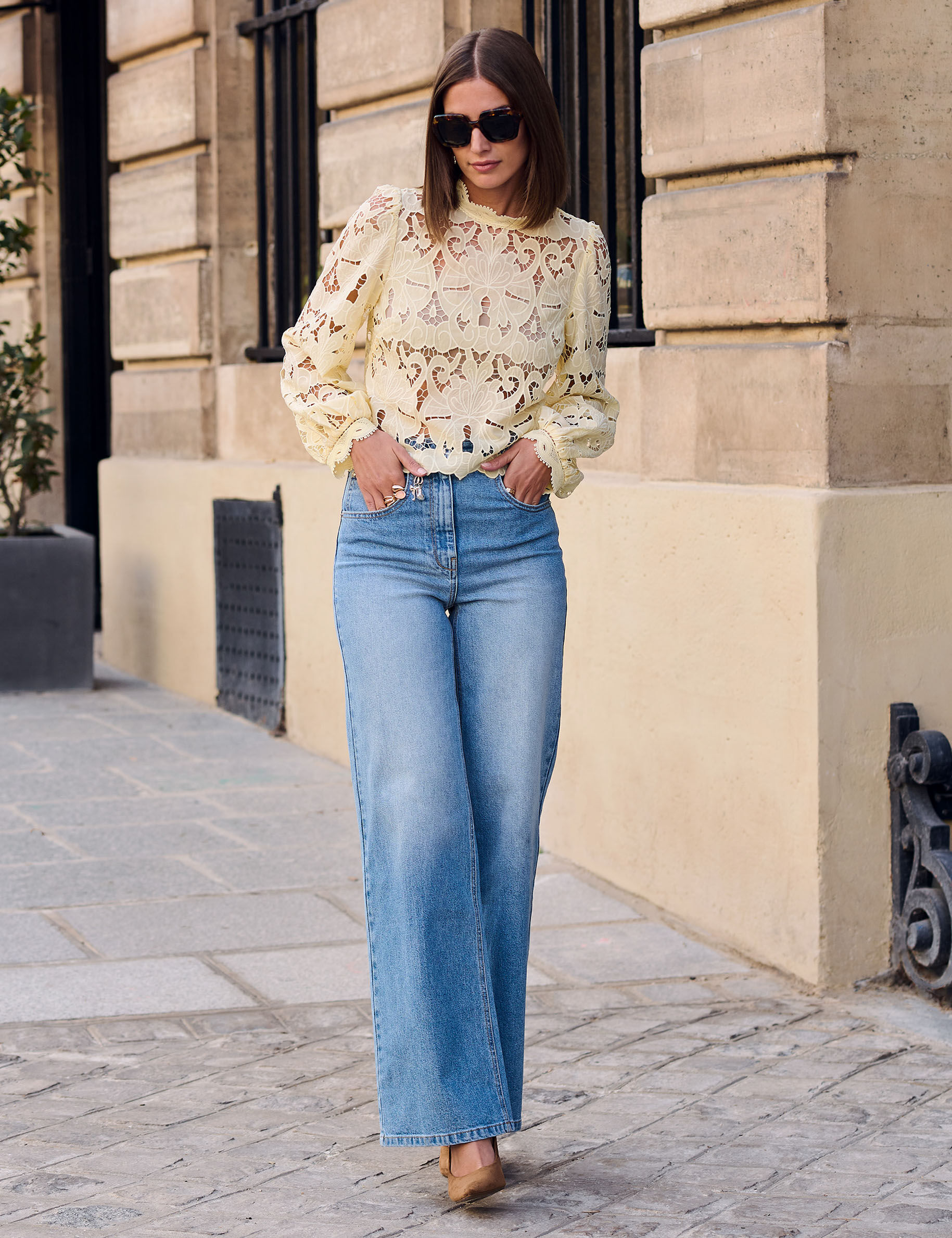 High-Waisted Wide-Leg Jeans Heavy Stone Wash Denim Women