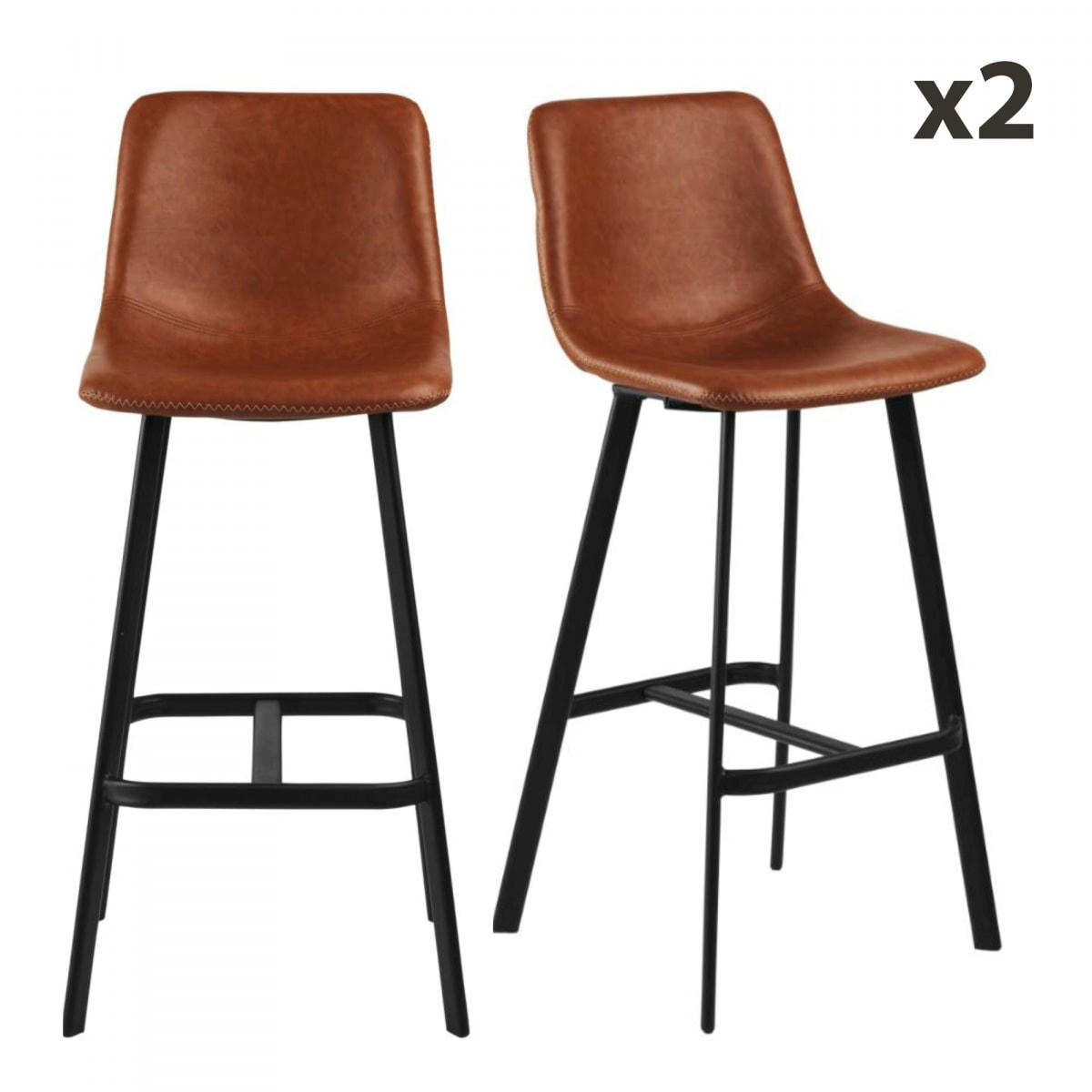 ARIGO - Lot de 2 tabourets de bar en simili marron pieds noir