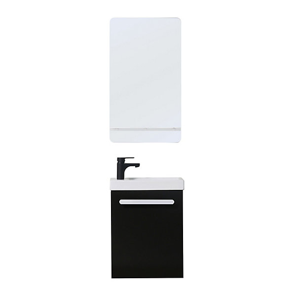Meuble lave-mains NEVADA Noir carbone   robinet noir miroir tablette blanche