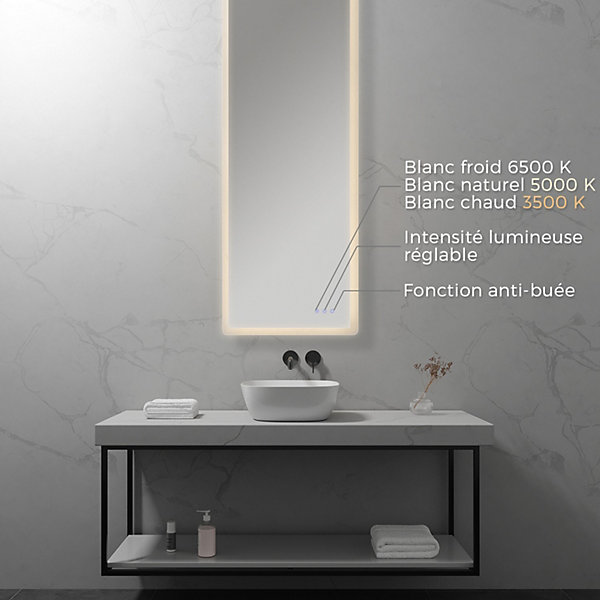 Miroir LED salle de bain MELLOW 60 x 180 cm, anti-buée   éclairage et intensité réglables - Saniverre