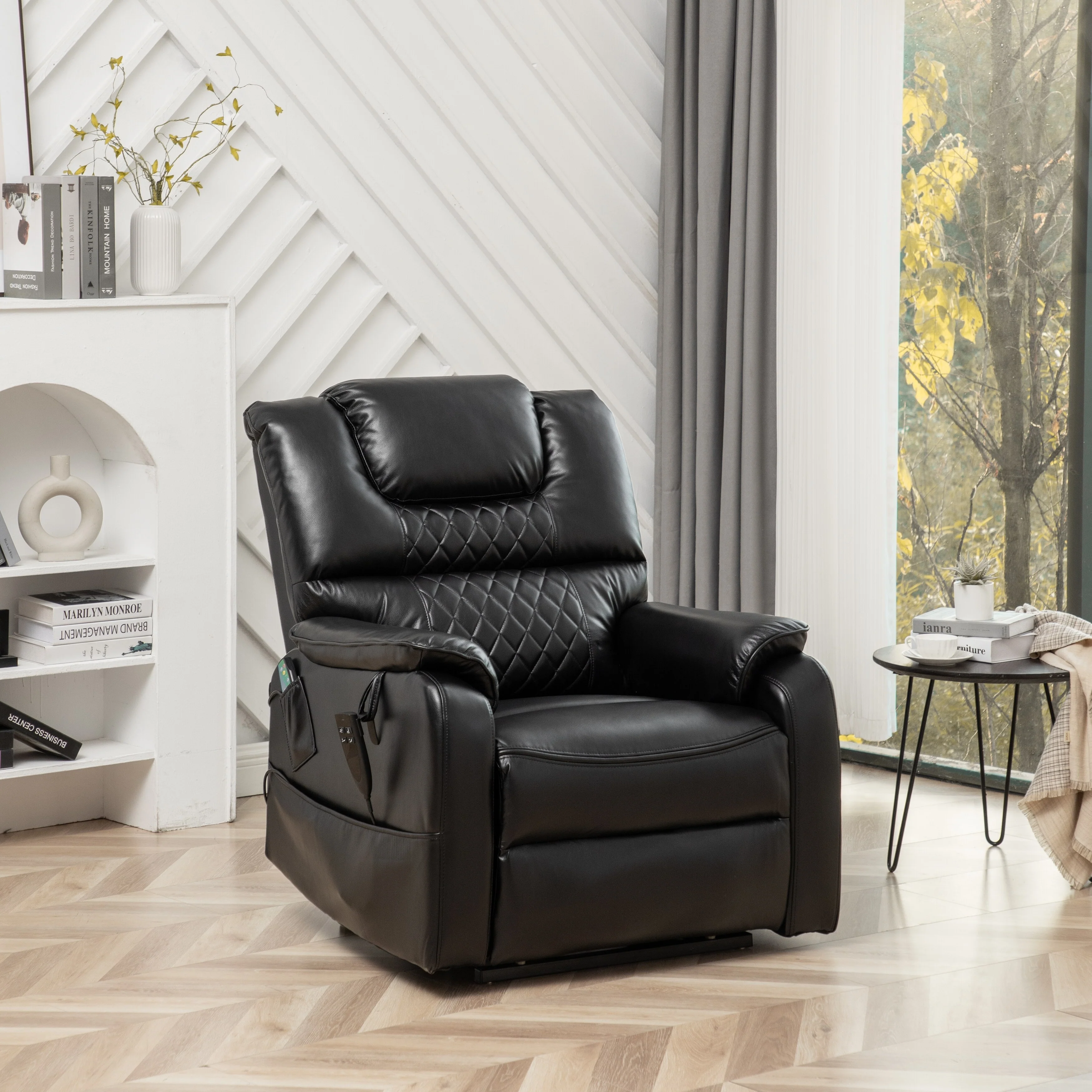 Black Oversized PU Leather Power Lift Recliner with Massage, Lumbar Heating, Side Pockets, 180° Flat Lay