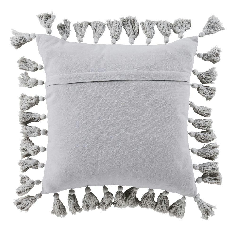 LIMANA - Coussin en coton recyclé tissé gris avec pompons 50x50