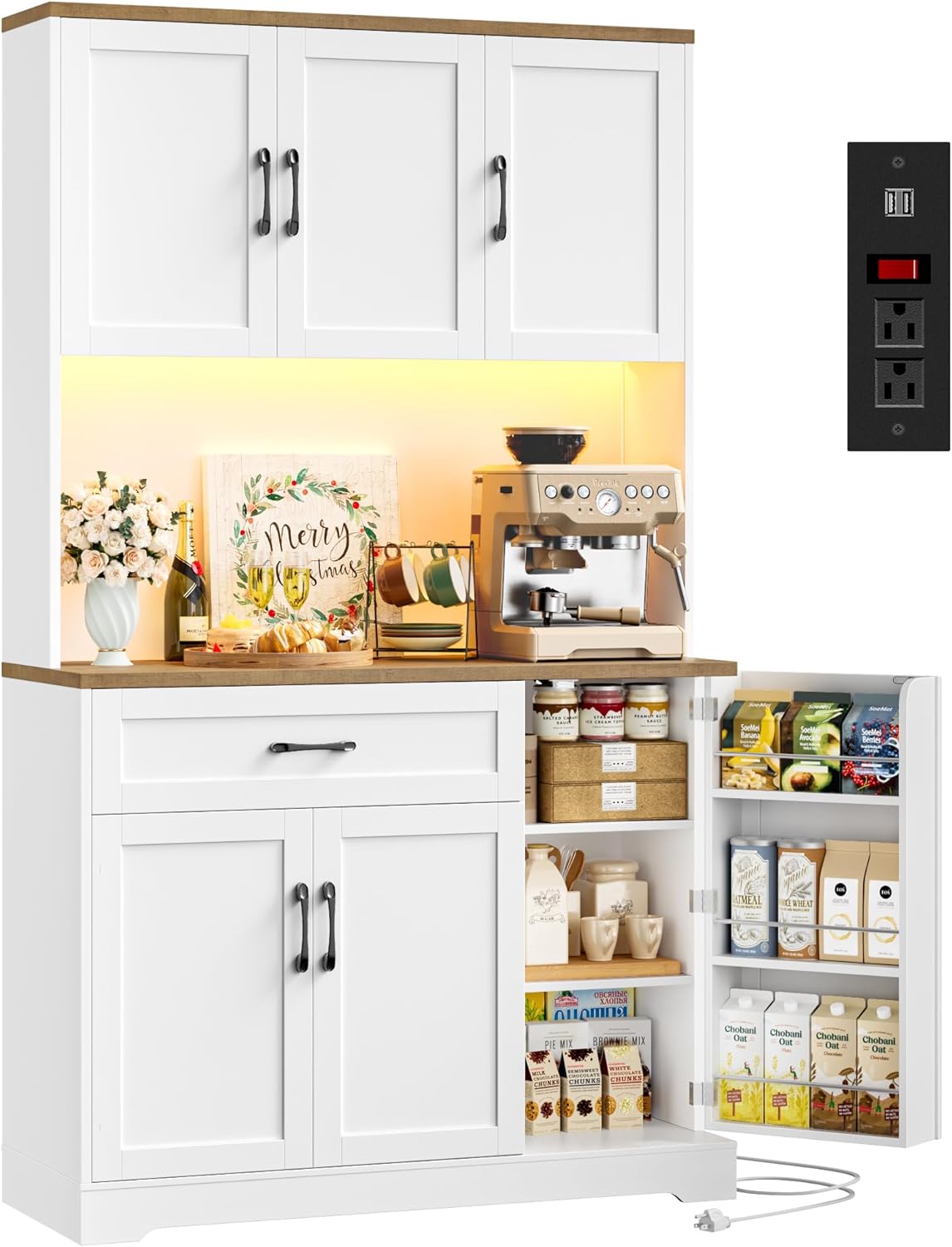 HIFIT 71 LED Pantry Cabinet with Power Outlet, Tall Kitchen Hutch Storage Cabinet with Microwave Stand & 6 Door Shelves, Modern Food Pantry Cabinets with Drawer for Kitchen Dining Living Room, White