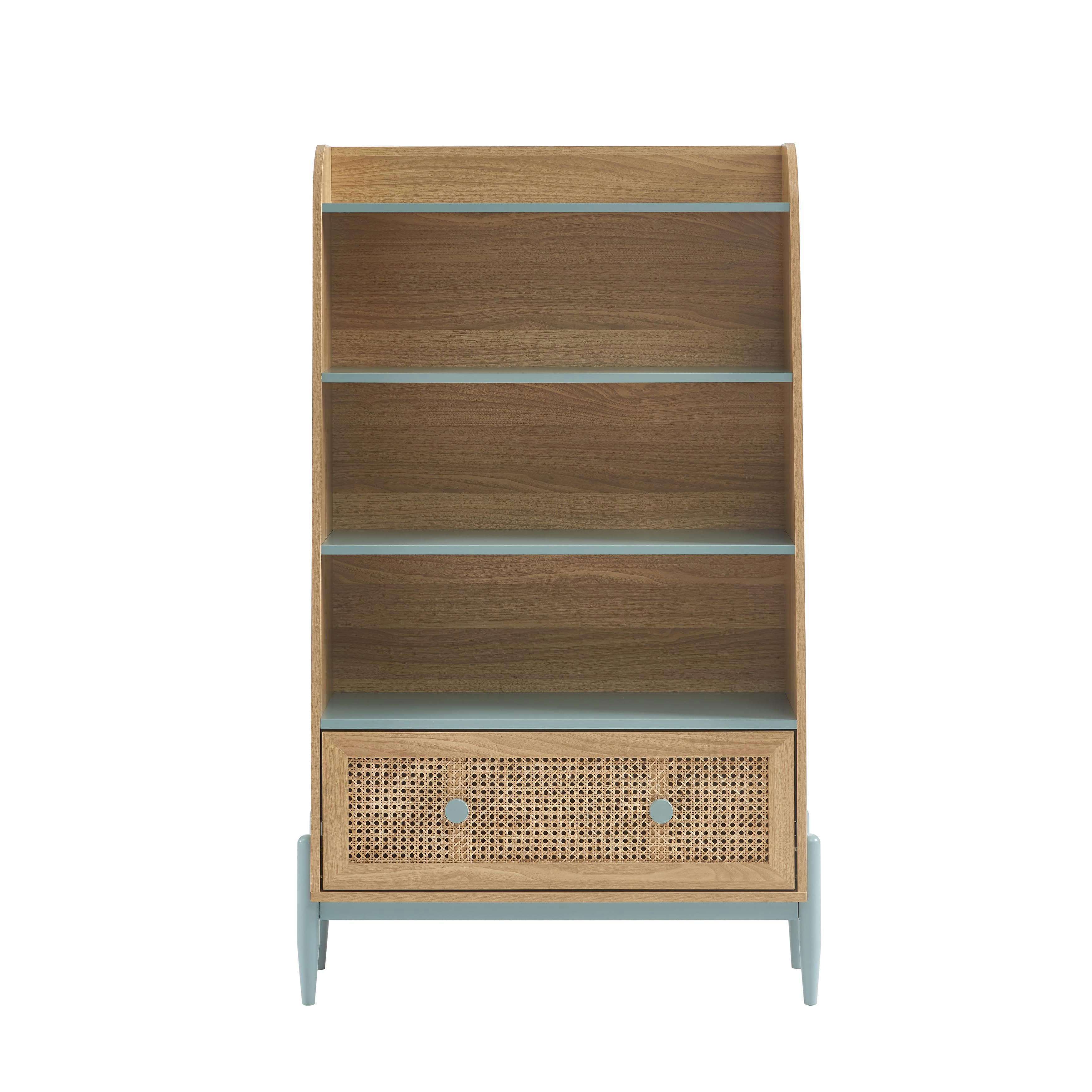 PABLO - Bibliothèque  bleu et cannage rotin 3 étagères