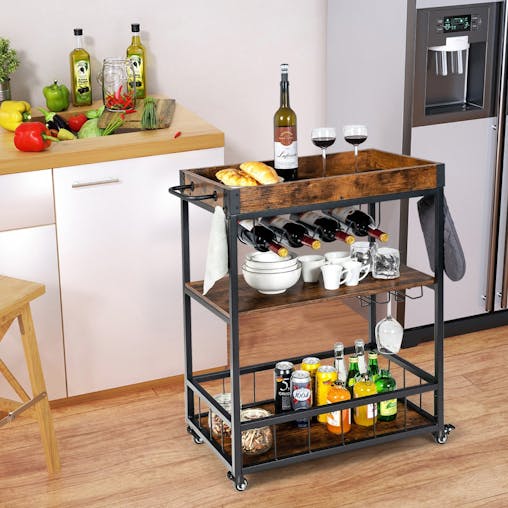 NNECW Kitchen Cart with Removable Top Tray & Wine Rack & Glass Holder