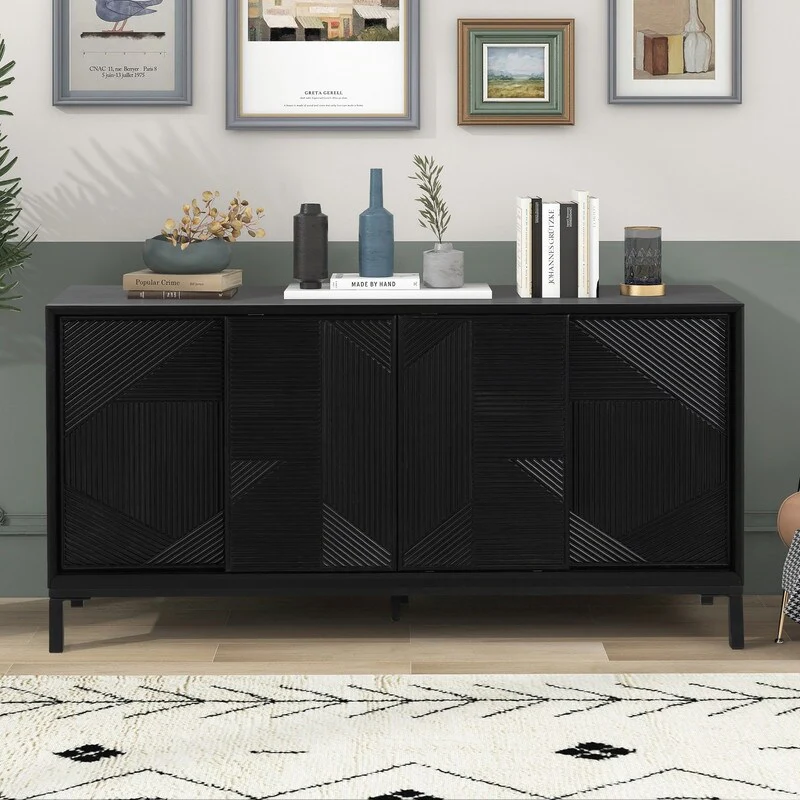 Modern Geometric Accent Cabinet with Sliding Doors and Wood Veneer Top