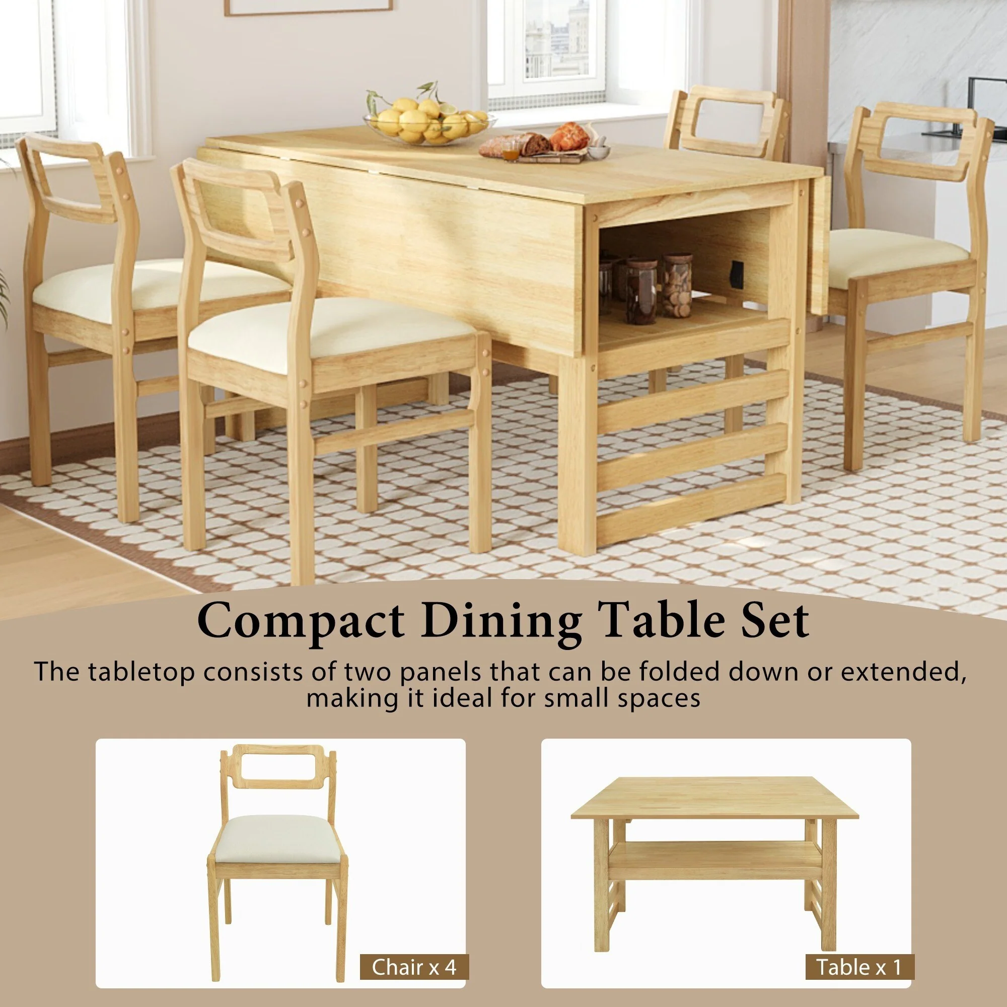 Compact 5 Piece Wood Dining Table Set with Drop Leaves and Storage