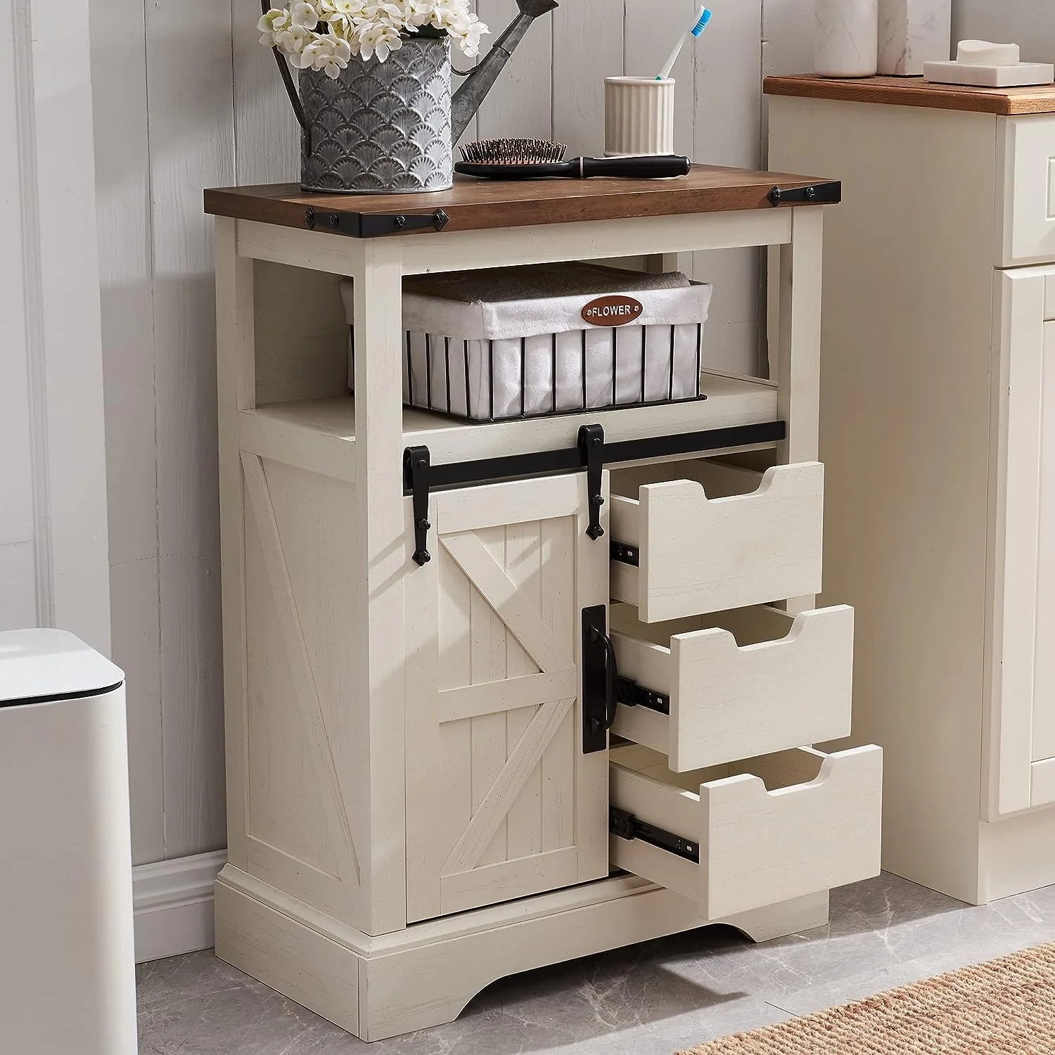 OKD Bathroom Floor Cabinet, Farmhouse Storage Cabinet with Sliding Barn Door  Storage Drawers
