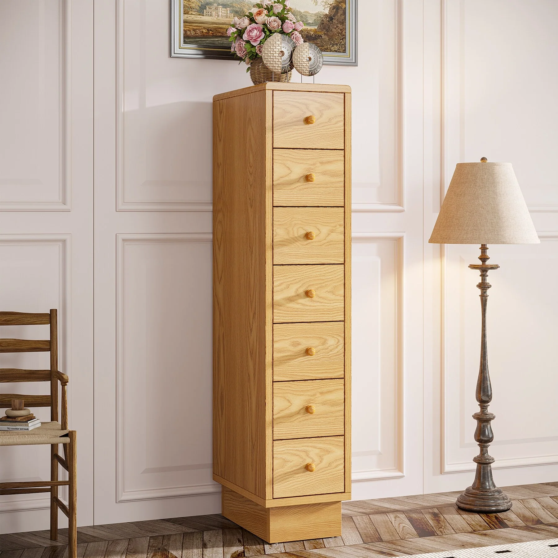 Tall Dresser with 5 Drawers, Wood Slim Storage Drawer Organizer, Oak