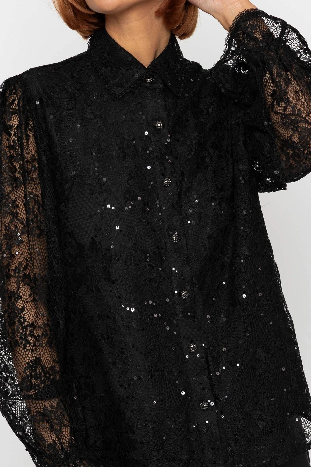 Black Sequin Lace Long Sleeve Blouse