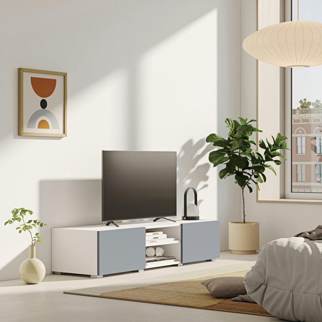 PODIUM - Meuble TV effet bois blanc et gris céladon