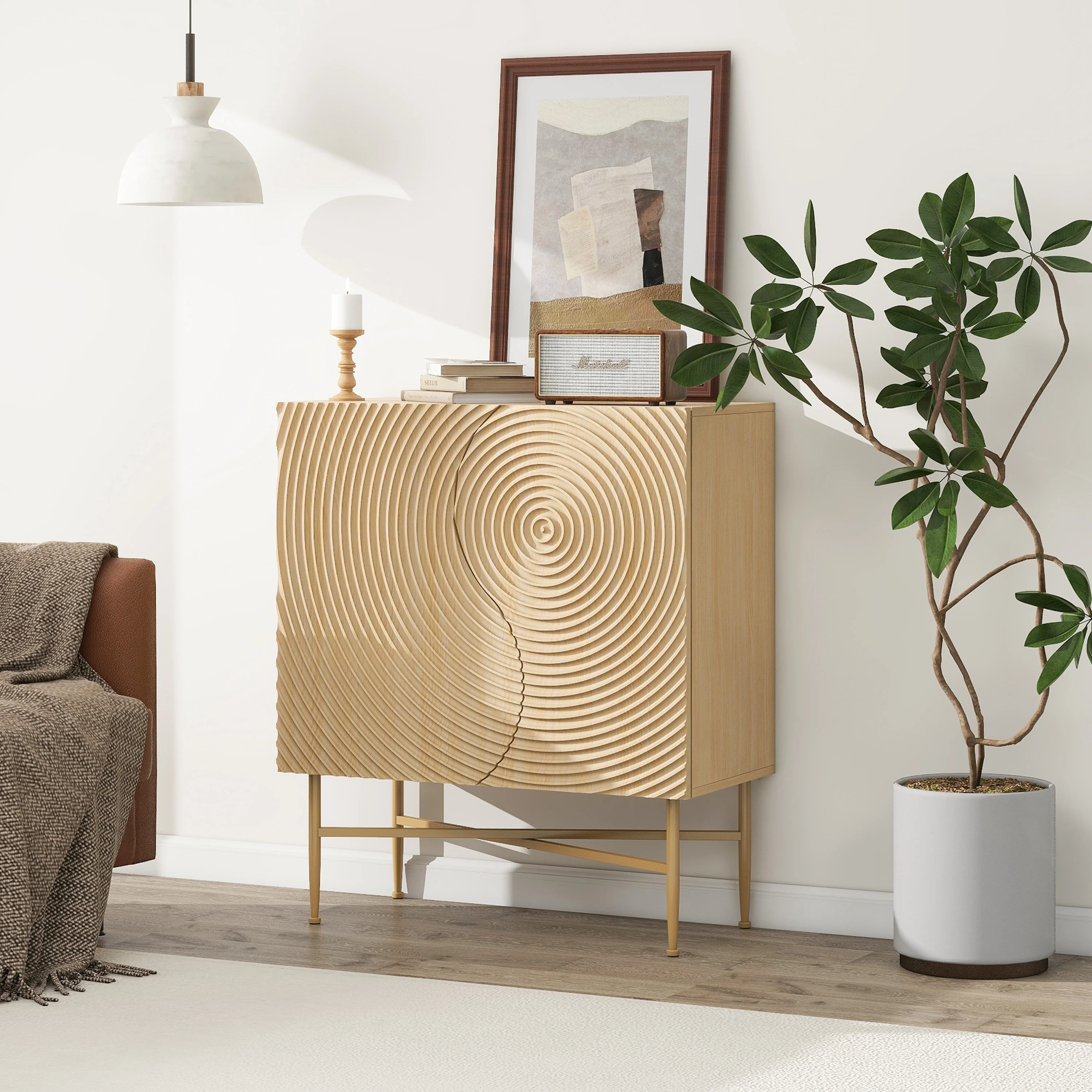 Modern Buffet Cabinet with Adjustable Shelves and S-type Solid Wood Door for Living Room, Kitchen, Entryway