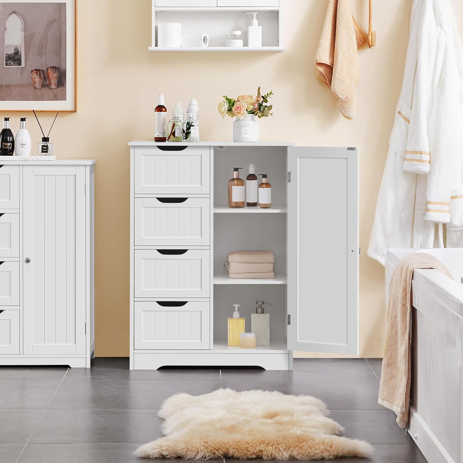 Yaheetech Large Bathroom Floor Cabinet with 4 Dawers and Single Door Cabinet, Freestanding Storage Cabinet for Living Room Kitchen Hallway, White