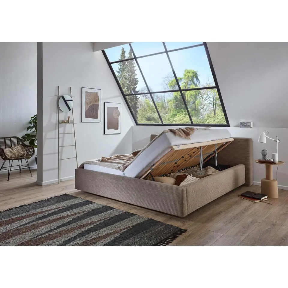 Tweepersoonsbed Kubrik 180x200cm met opbergruimte en matras - taupe ribfluweel