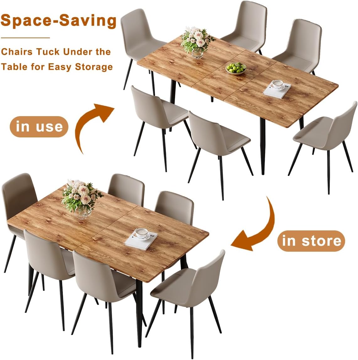59-75 Extendable Dining Table Set for 6, Mid Century Dining Room Table Set for 6, Modern Wood Kitchen Table Upholstered Chairs Set of 6, Ideal for Dining Room,Office, Space-Saving, Easy to Assemble