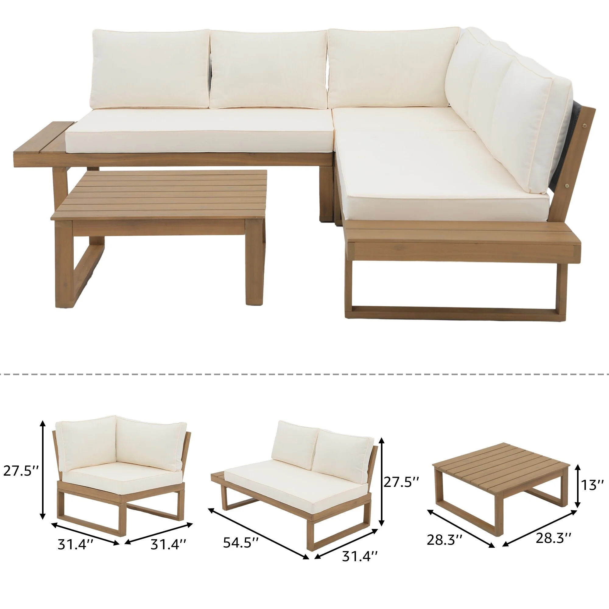 Outdoor 4 pieces V-Shaped Acacia Wood Sectional Sofa Set