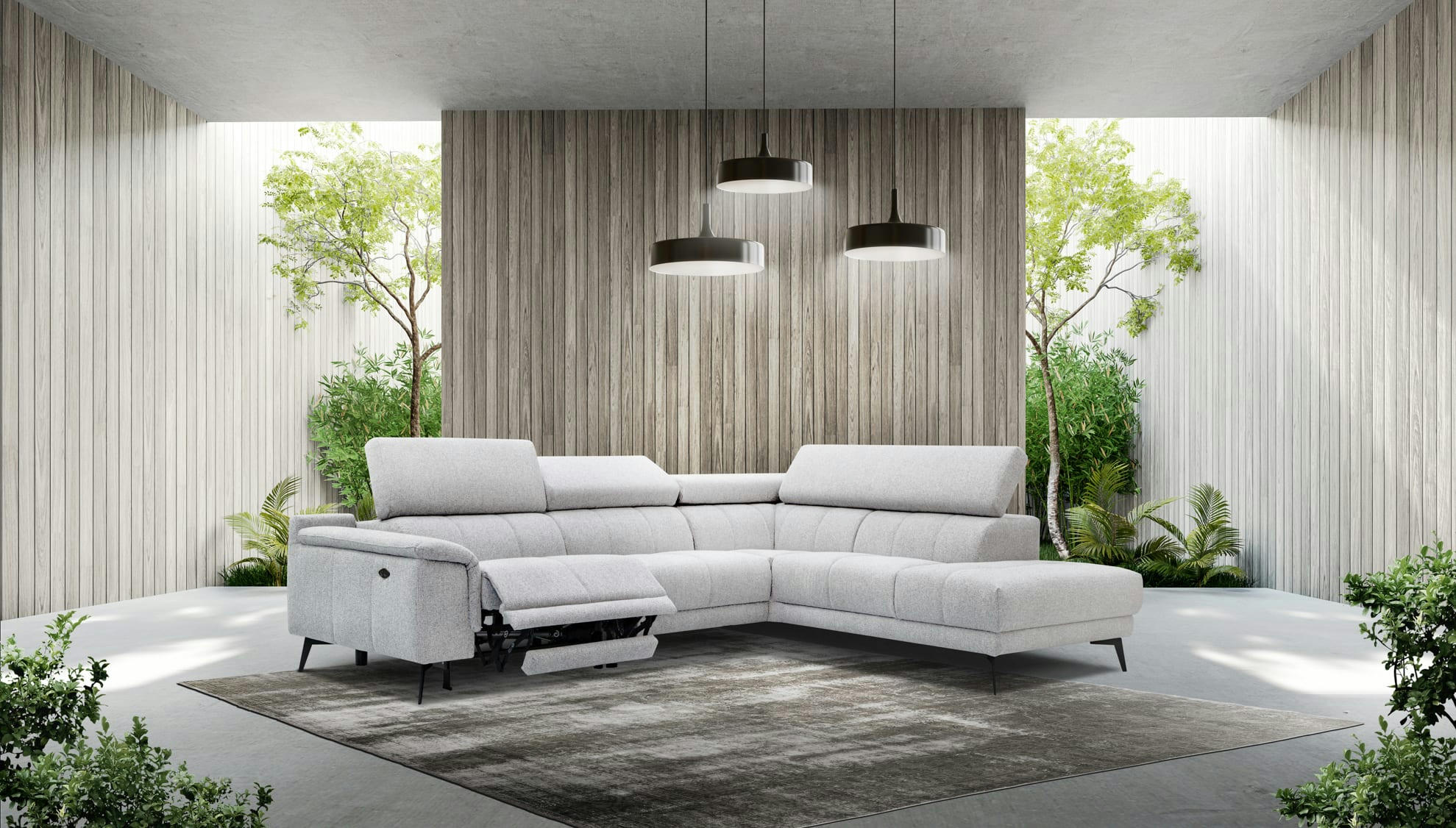 FIERO - Canapé d'angle droit 5 places relax électrique tissu beige clair