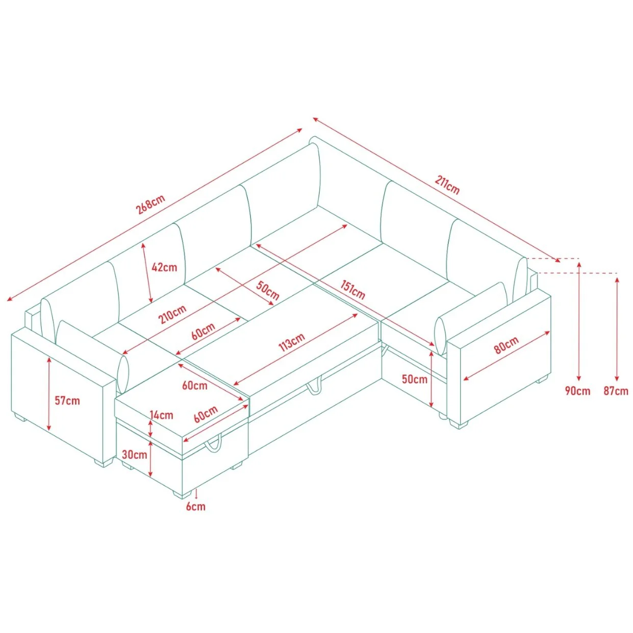 Modern Modular Sectional Sleeper Sofa with Storage Chaise and Removable Cushions for Living Room or Guest Room