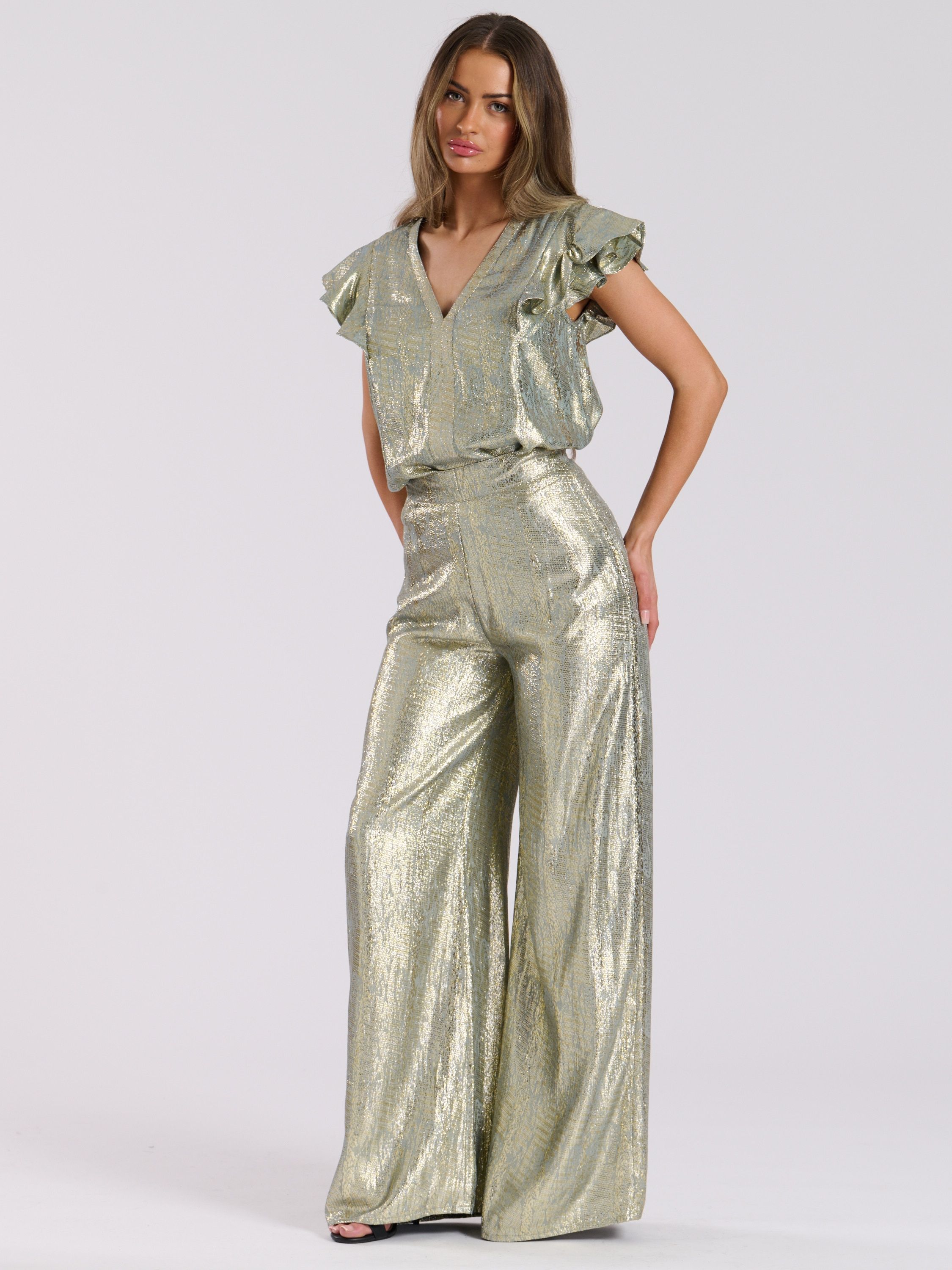 Finding Friday Metallic Floaty Sleeve V Neck Blouse