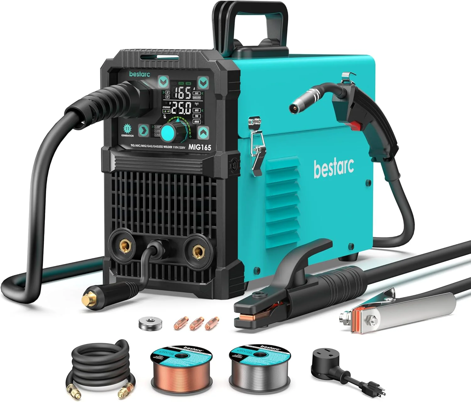 145A MIG Welder, 110V/220V Dual Voltage Gas/Gasless Flux Core MIG Welder/Lift TIG/Stick 3 in 1 Synergic MIG145 9GEN Welding Machine, Flux/Solid Welder Digital Screen Display(MIG165 110/220V)
