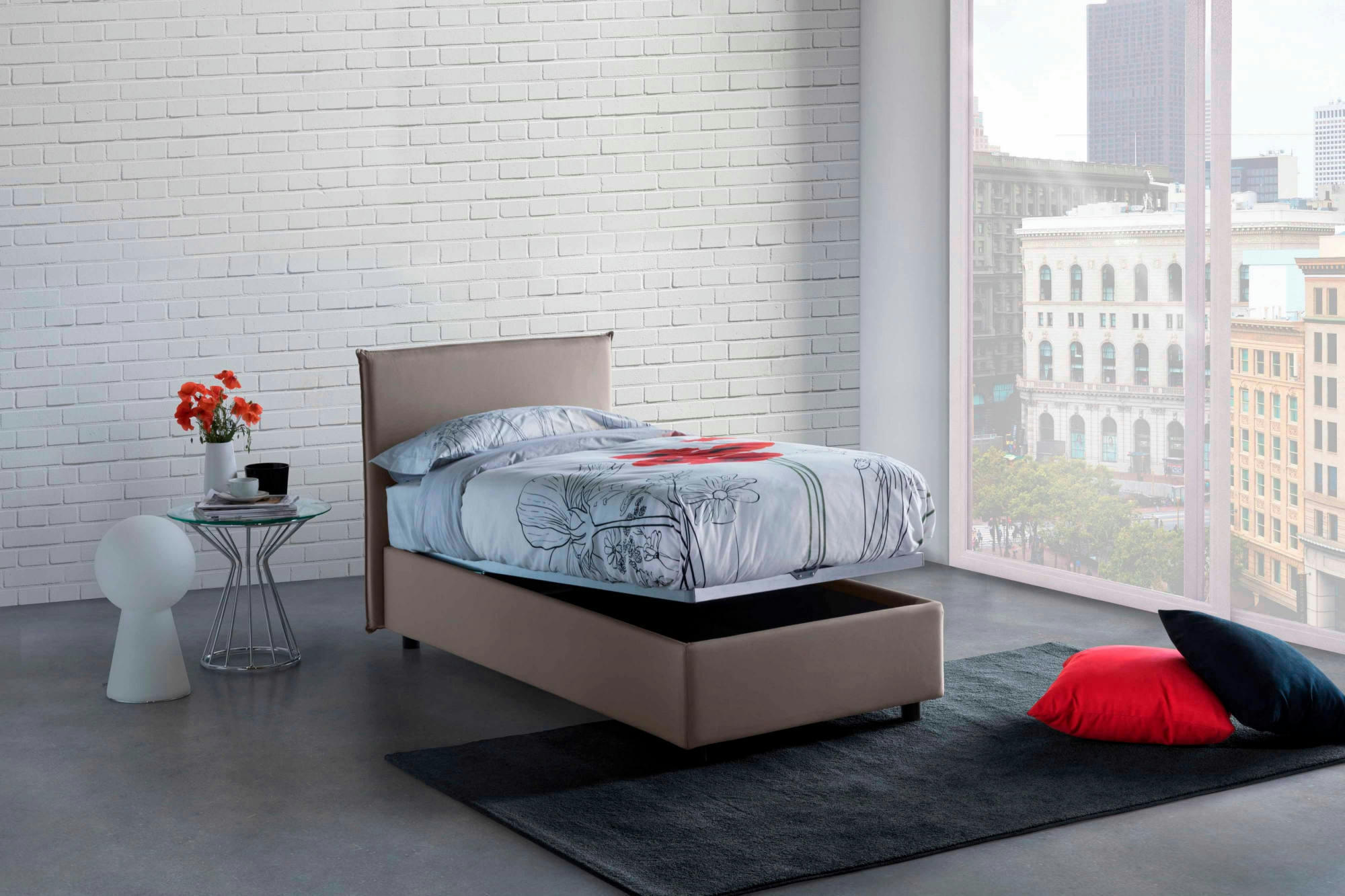 DALLEGR - Lit coffre 140x200 cm en tissu gris taupe