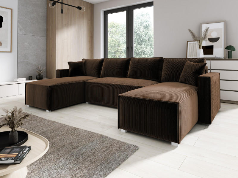 Sztruksowa rozkładana rogówka na sprężynach NOEMI U brązowa sofa do salonu