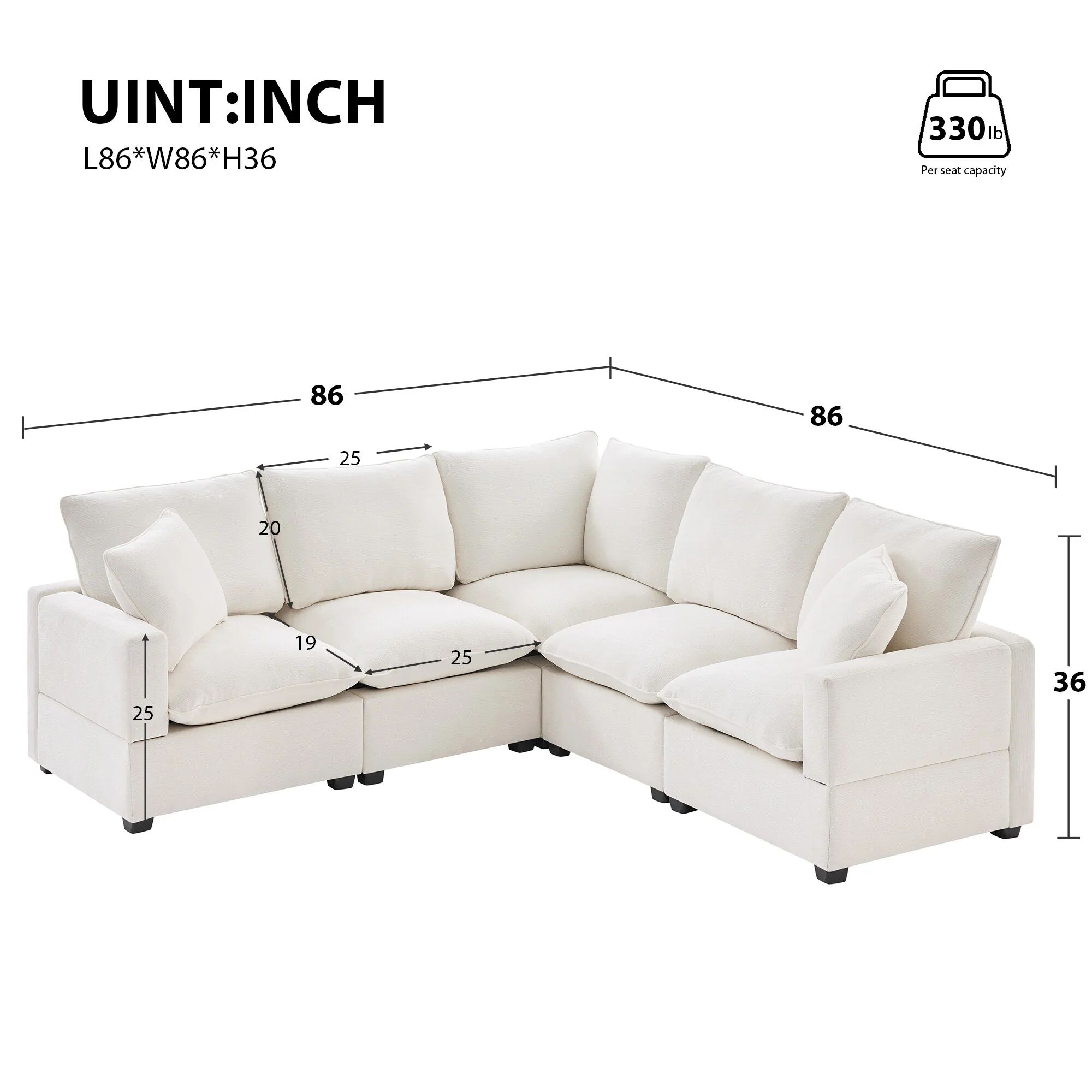 White 84 Modular Chenille 5-Seat Corner Sectional Sofa Set with 2 Pillows, Ideal for Living Room or Apartment Use