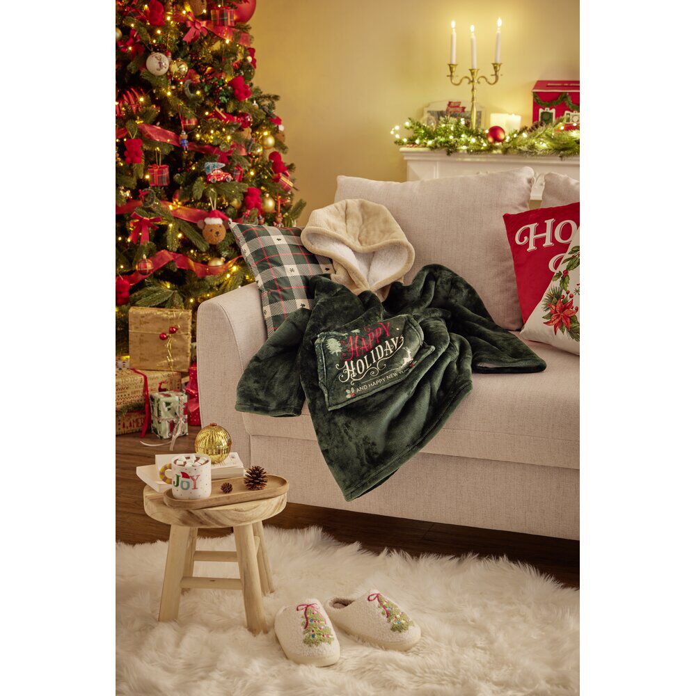 Pull plaid No&euml;l adulte à capuche rouge et vert 70xH80cm (4 modèles)