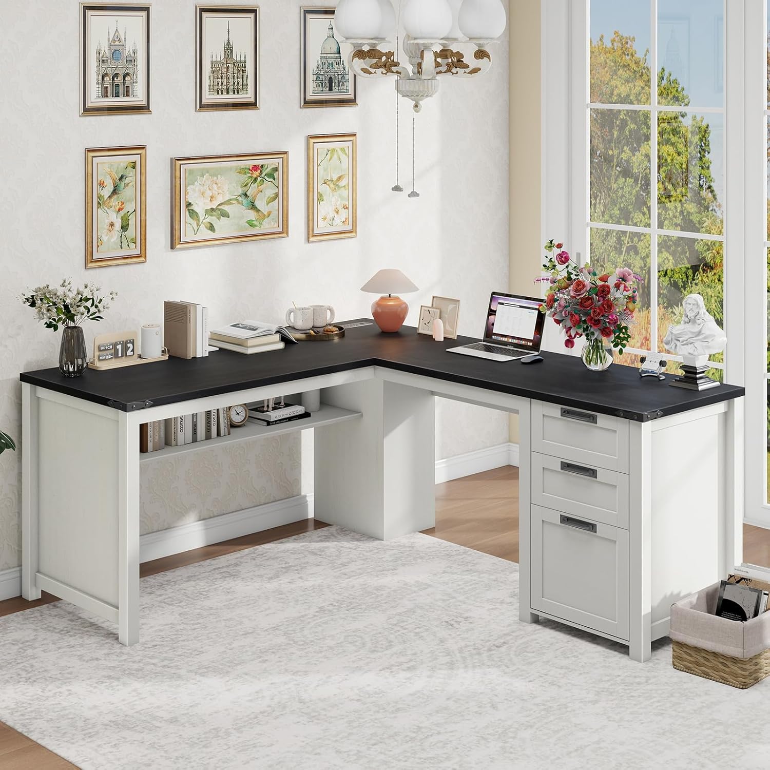 Farmhouse L Shaped Executive Desk with Drawers and Storage Shelf, Corner Standing Desk with Charging Station L-Shaped Executive Desks for for Home Office, Study, Bedroom