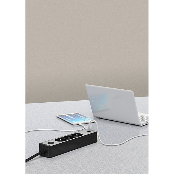 Multiprise 3 prises   2 usb Schneider Electric Odace anthracite finition aluminium brossé 1.5 m