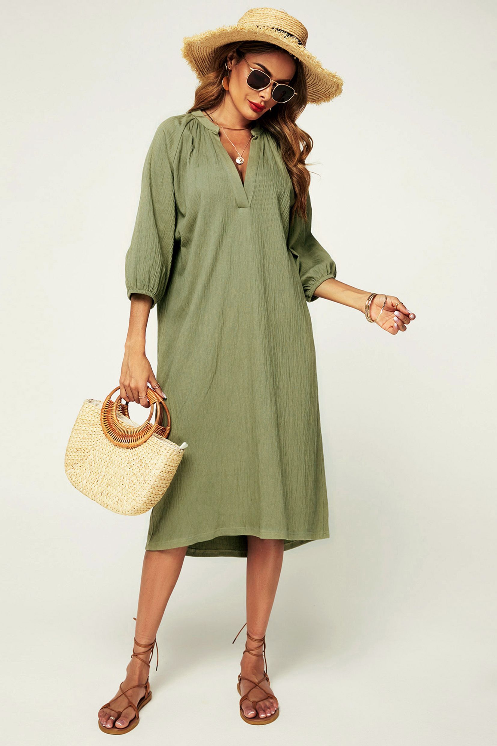 FS Collection Smock Dress With Long Sleeves In Khaki Green