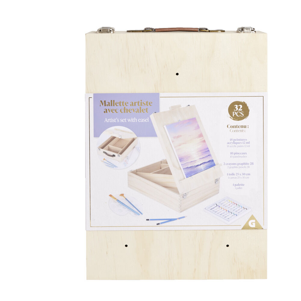 Mallette artiste chevalet en bois avec accessoires peinture