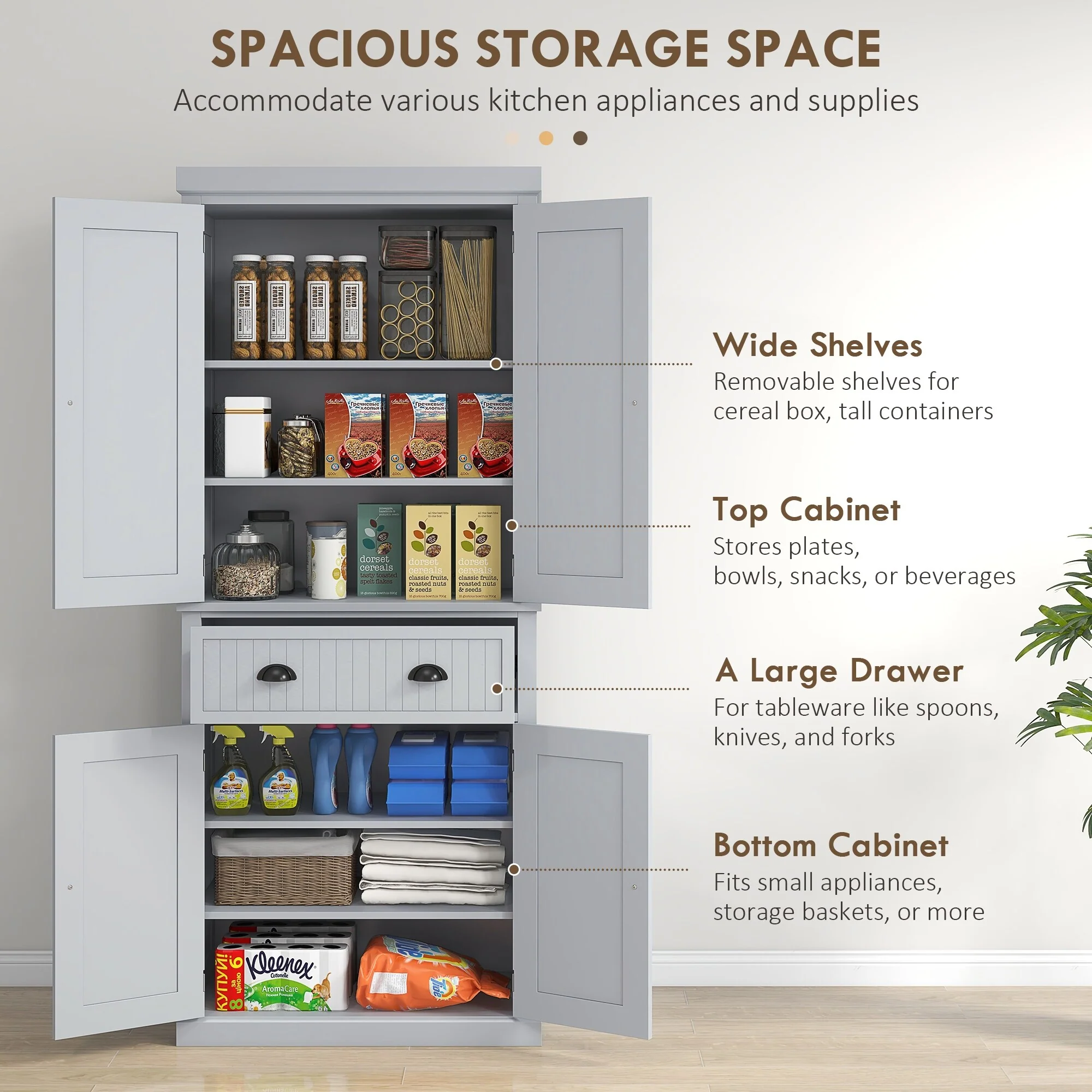 Tall Storage Cabinet Freestanding Cupboard with Adjustable Shelves