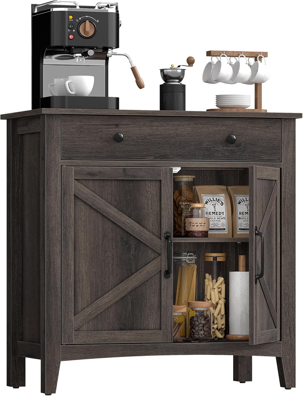 VASAGLE LIRY Collection - Buffet Cabinet, Coffee Bar Cabinet with a Drawer, Adjustable Shelf, Sideboard Storage with Cable Hole, Drawer Divider, Taupe Brown UBBK341TA01S