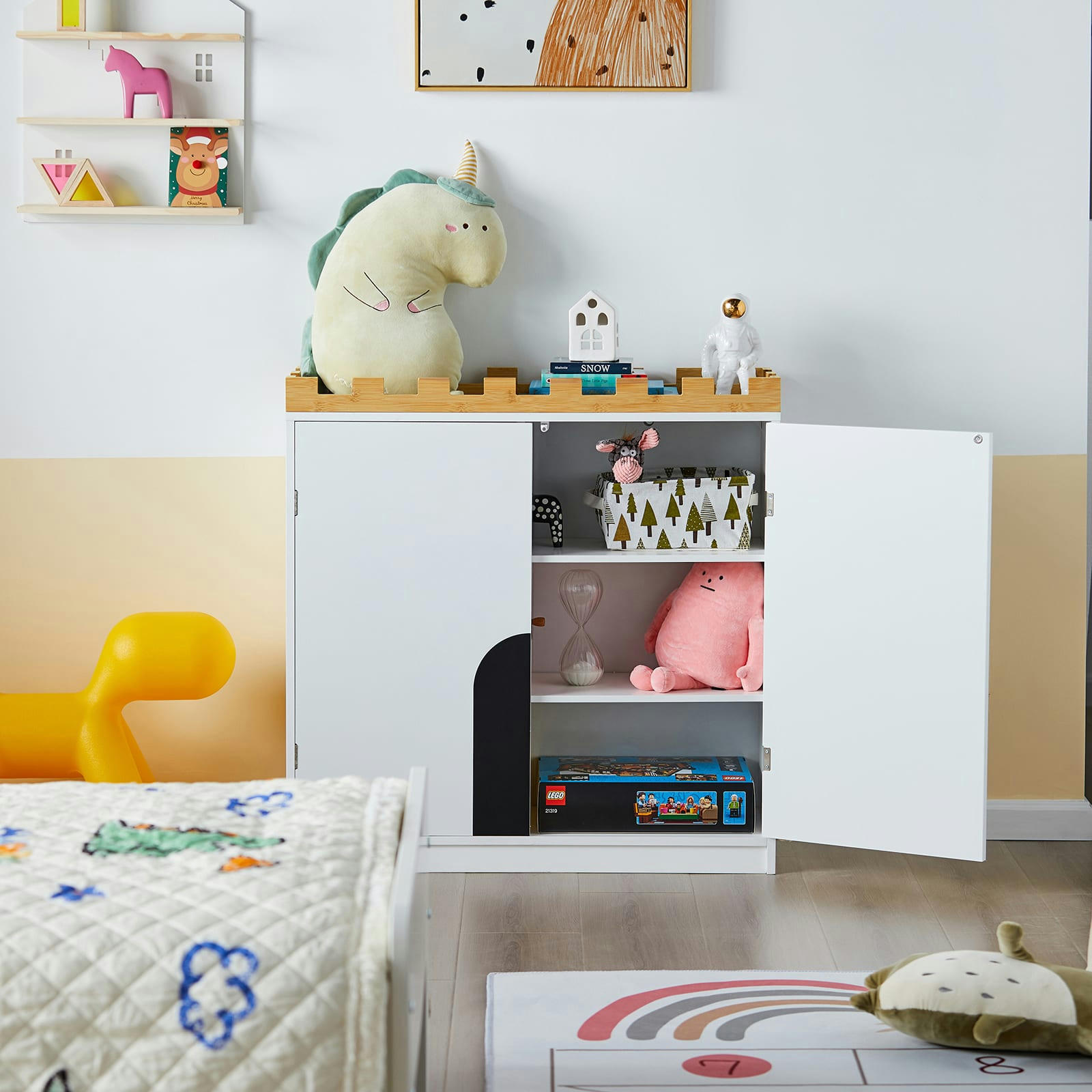 - Armoire de rangement pour enfants 2 portes effet bois blanc