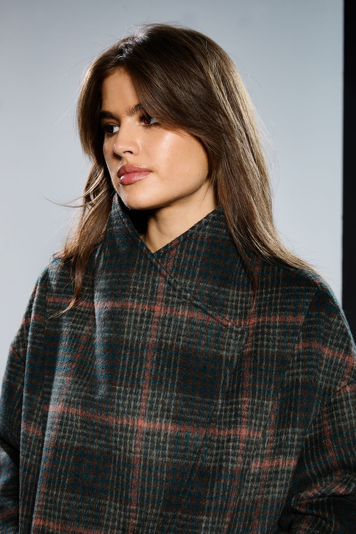 RUNWAY 1.8.1.8 Runway 1.8.1.8 Check Wrap Front Grown Collar Coat