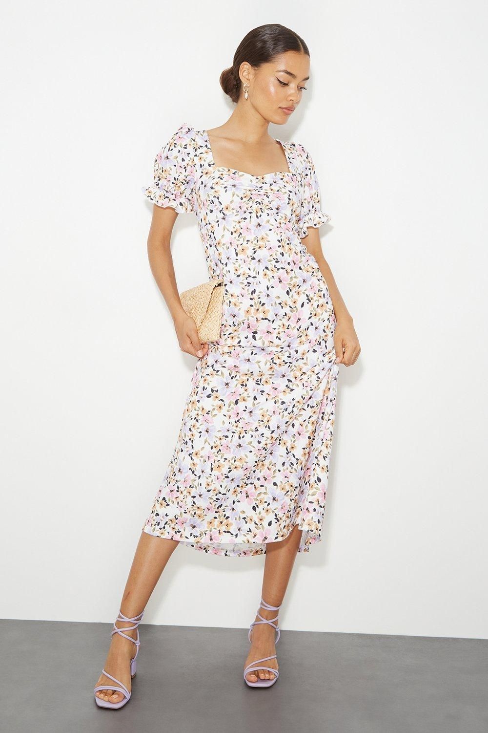 Dorothy Perkins Petite Floral Sweetheart Puff Jersey Midi Dress