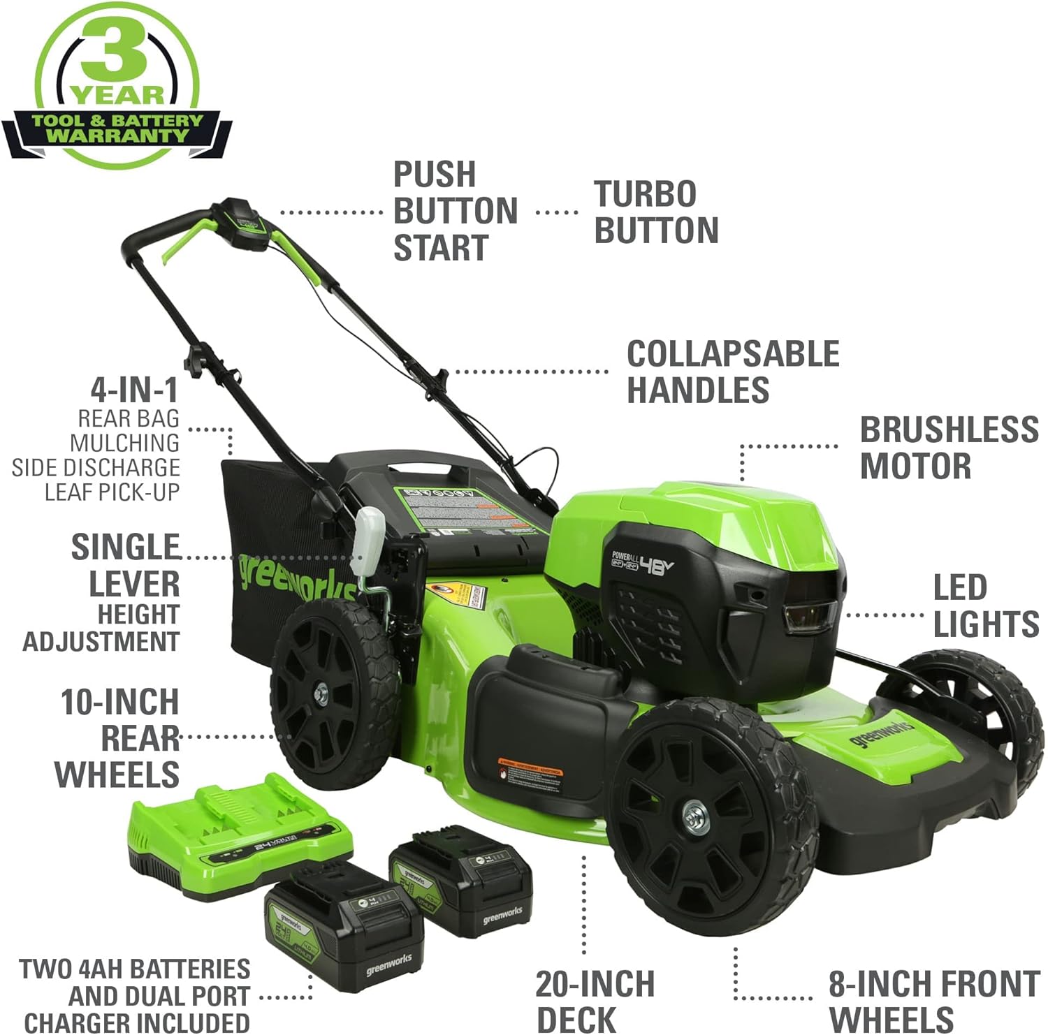 Greenworks 48V (24V x 2) 20 Cordless Battery Mower  12 String Trimmer/Edger  & 320 CFM Blower Combo Kit w/ (2) 4.0Ah Batteries  (1) 2.0Ah Battery & Chargers