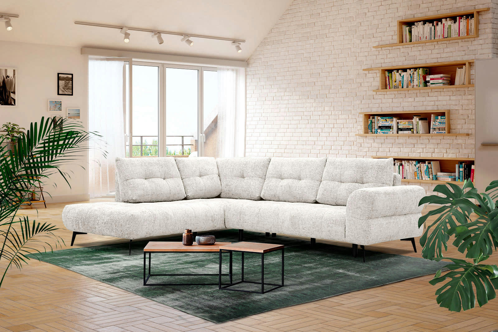 SALVINI - Canapé d'angle gauche 5 places tissu écru