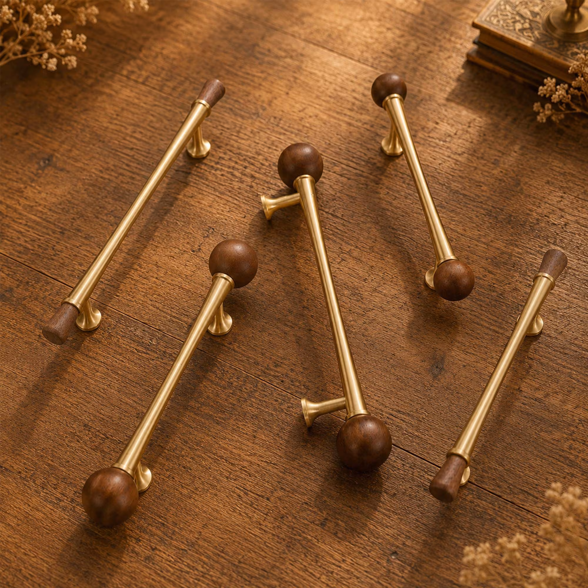 Sample First Walnut Wood Brass Cabinet Pulls, Mid Century Drawer Handles, Nordic Gold Wardrobe Knobs, Vintage Furniture Hardware